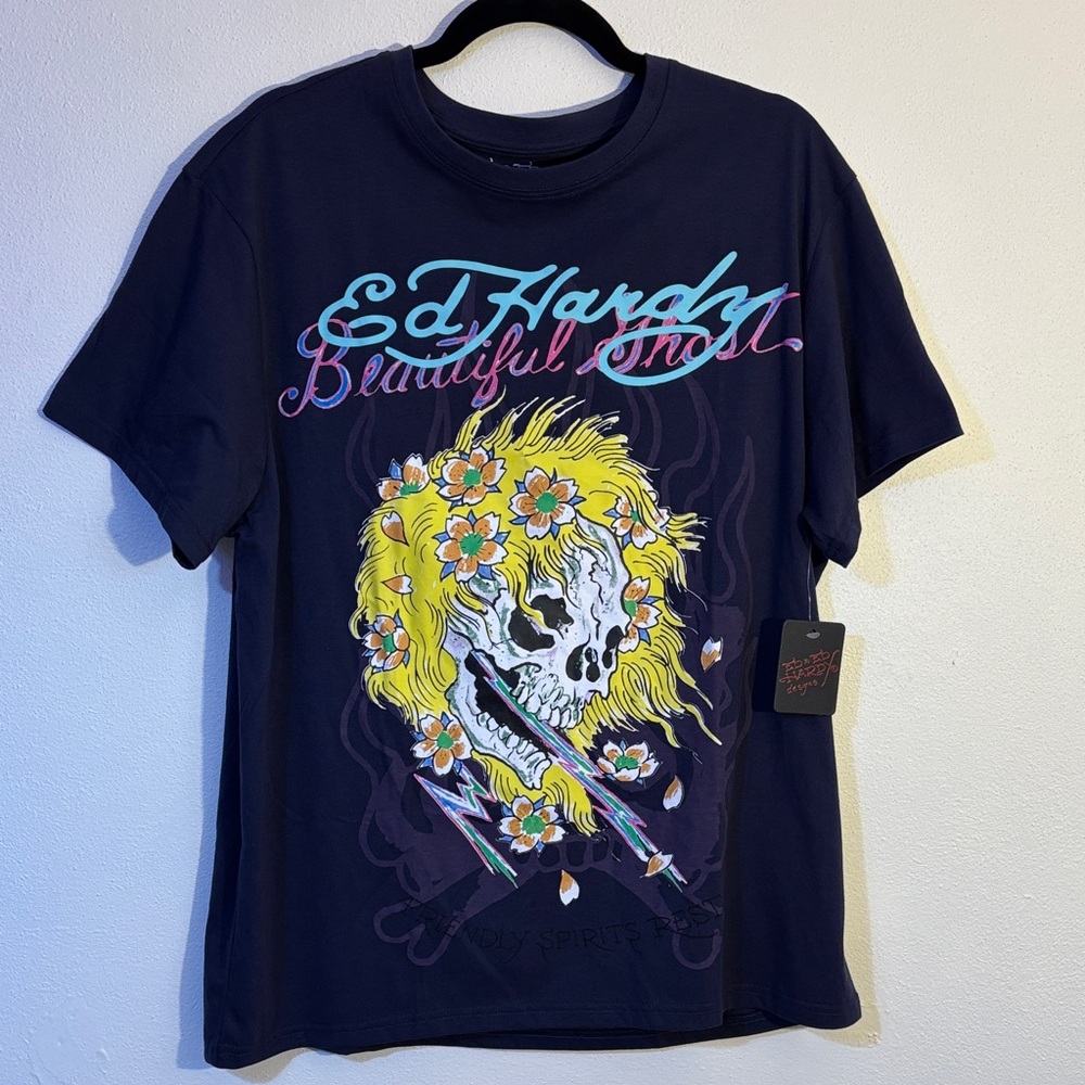 Ed Hardy women’s Navy Tee with Skull and Floral Design men’s size Lg NWT unisex